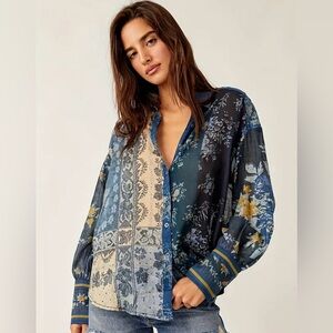 Floral Patchwork Button Down Shirt - Blue and Yellow